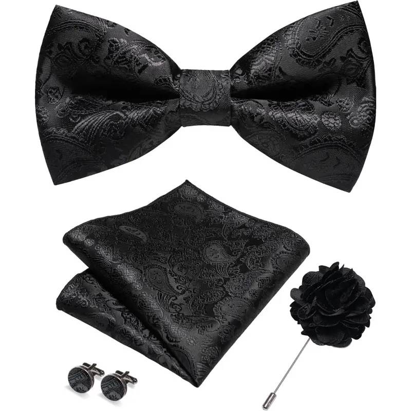 Paisley Men's Pre-tied Bow Tie, Pocket Square, Cufflinks & Lapel Pin Set-4 PCS