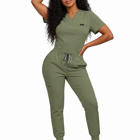 Women’s Professional-Grade Medical Scrubs Sets for Workwear Uniform - Short Sleeves, V-Neck, Slightly Stretchy Polyester Blend, Drawstring, Wrinkle-Resistant, Multiple Pockets, Casual Loose Fit, All-Year Comfort, Neat Appearance, Top & Pants