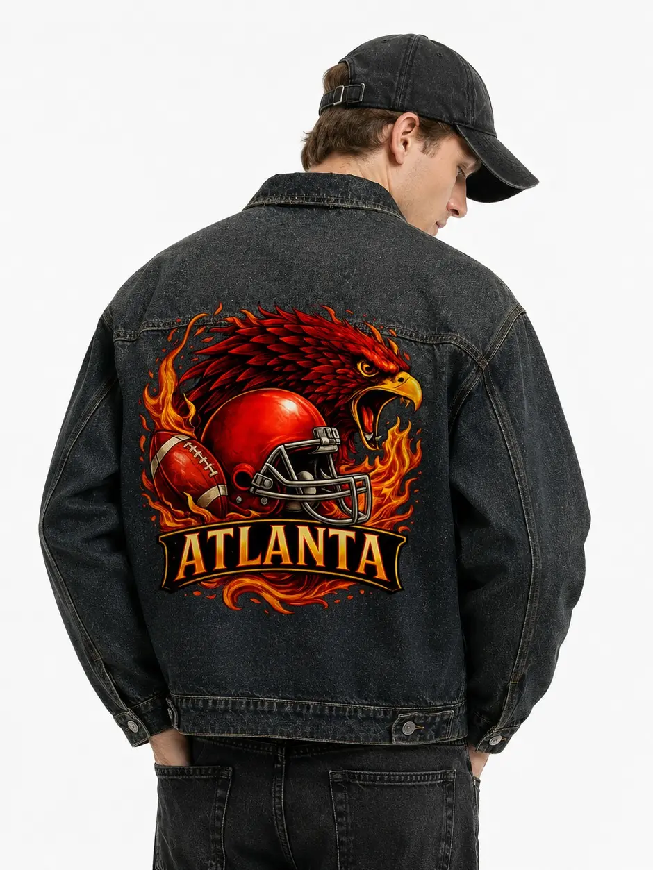 Atlanta Football Fans Denim Jacket - American Football Team Graphic Sports Unisex Vintage Outerwear