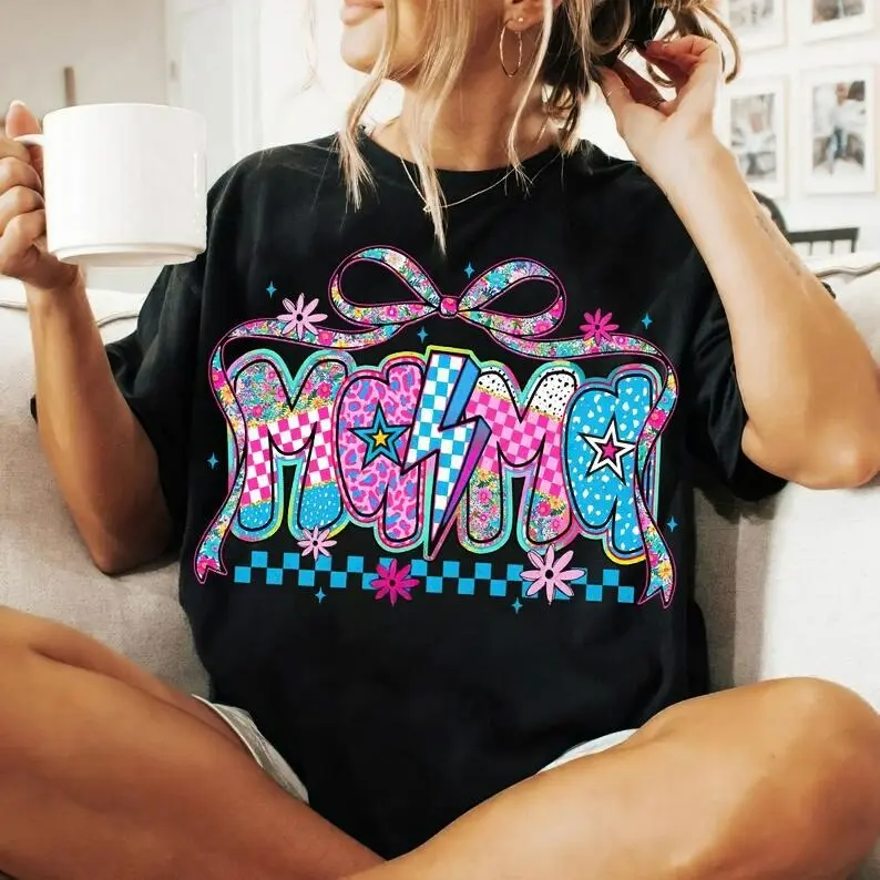 Women's Preppy Pink Round Neck Mama T-Shirt - Retro Floral, Leopard Checkered, Lightning Bolt, Dalmatian Dots Designs - Regular Fit Casual Essential Women's Tops, Comfortable Streetwear, Mother's Day Gift (Complementary Jacket Style Note), Breathable, Rel