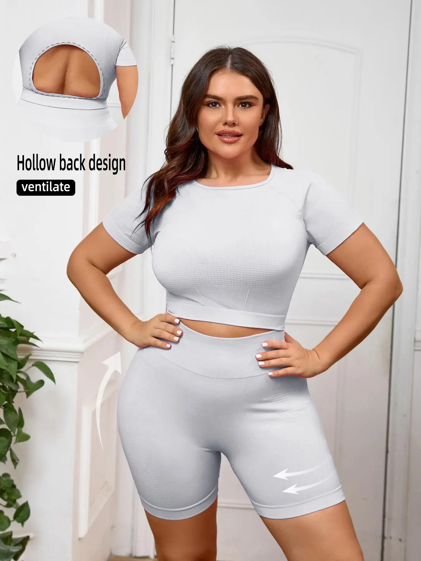 Women's Plus Size Seamless Nylon Backless Yoga Workout High Elastic Activewear, Fitness Clothing, Fitness Activewear Athleisure Summer Clothes Candy Color Athletic Breathable Yoga Sportswear Short Sleeve Top and High Waist Yoga Shorts Set
