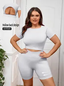 Women's Plus Size Seamless Nylon Backless Candy Color High Stretch Breathable Short Sleeve Top and High Waist Yoga Shorts Set