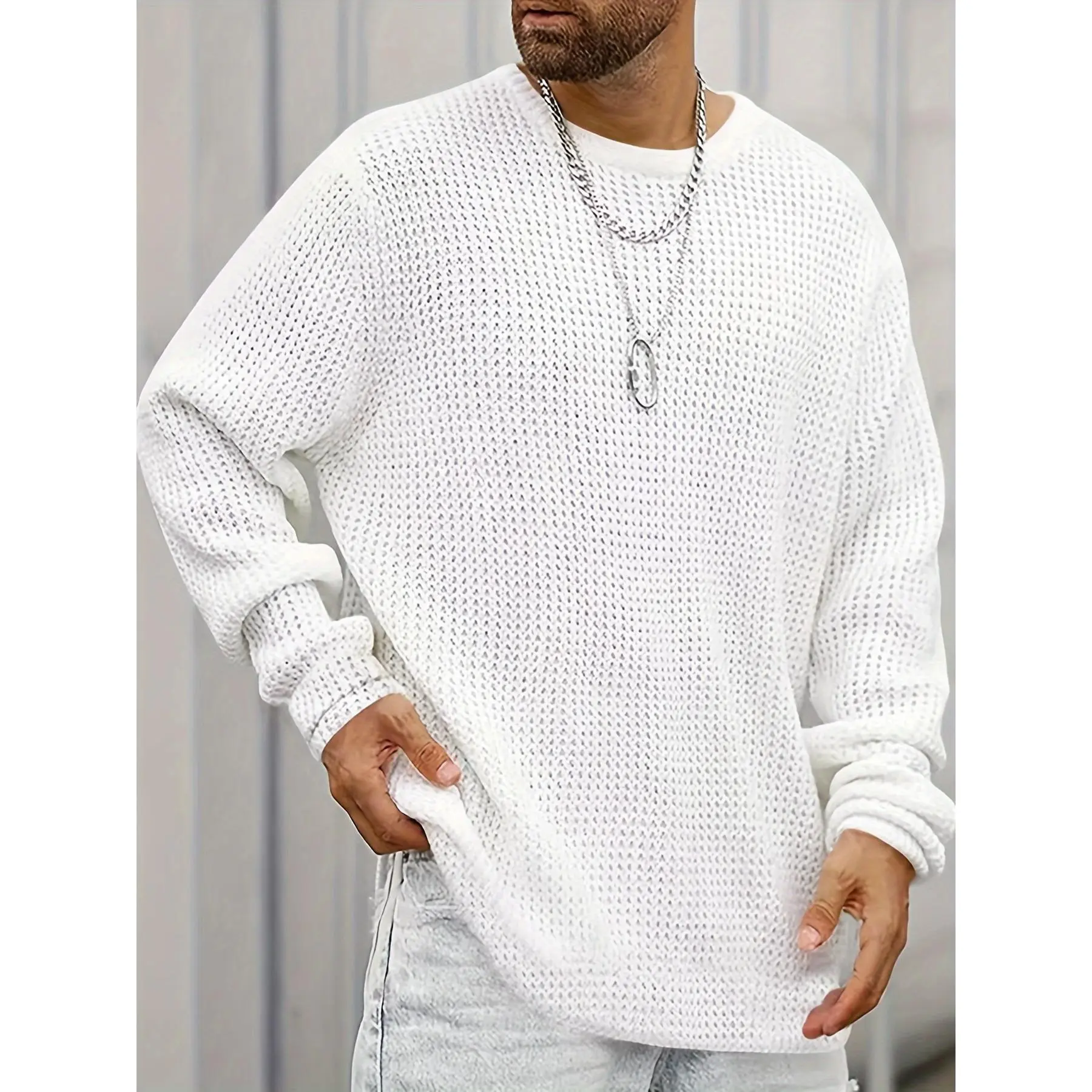 Men's Plus Size Baggy Oversized Loose Longsleeves Knit Pullover Sweater - Crew Neck, Soft Fabric Knitwear Tops - Fall Winter Everyday Wear, Ideal Gift for Dad, Casual, Polyester, 3Xl, Adults, Solid, Menswear, Plain, Full Sleeves