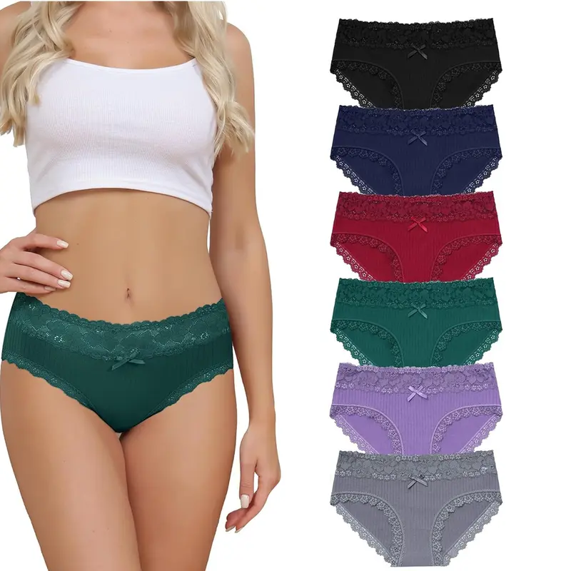 LEVAO Women's 6-Pack Cotton Spandex Low-Rise Seamless Bikini Panties - Comfortable, Breathable, Elastic Fabric, Lace Trim, Bow Accent, Foldable, Hand Washable, Sleeping Cotton Underwear for Women with Ideal Fit