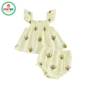 Baby Girls Summer Clothing Set Fashionable Cute Bee Print Flying Sleeve Tank Tops with Shorts 2Pcs Outfit