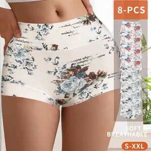 QUASTI 8pcs Floral Print Hip Lifting Women's Panties, High Waist Tummy Tightening Breathable High Elastic Panties for Ladies, S-XXL