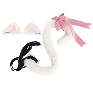 Furry Sheep Cosplay Set – White Curly Tail with Pink Bow & Bell, Clip-On Ears for Costume, Cosplay, and Party Dress-Up