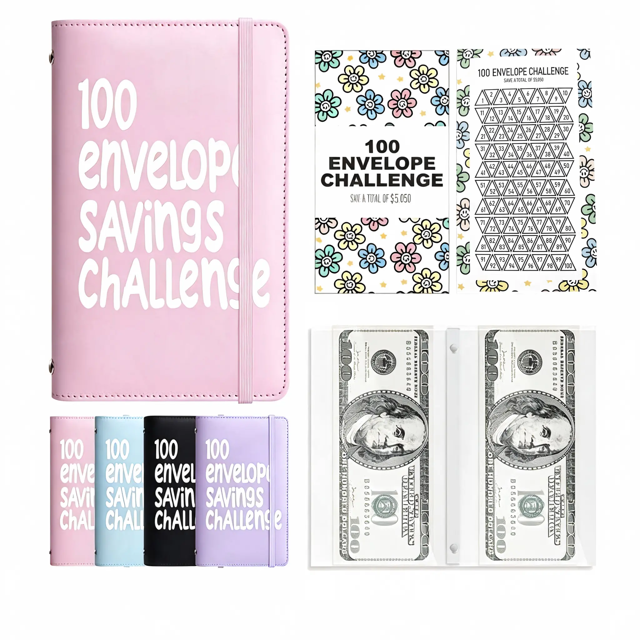 100 Envelope Challenge Binder, A5 Money Saving Challenge Book with Numbered Cash Envelopes, Easy Fun Way to Save $5,050, Budget Planner Money Organizer for Home Office School