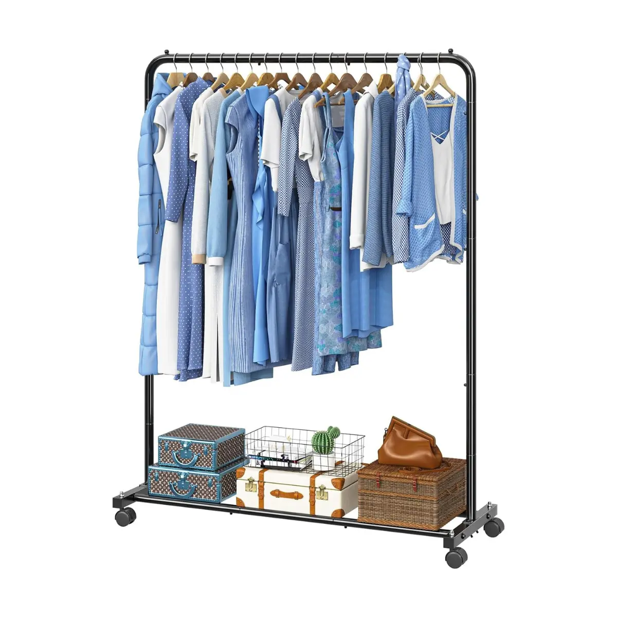 Clothing Rack with Wheels, Portable Garment Rack with Bottom Shelf