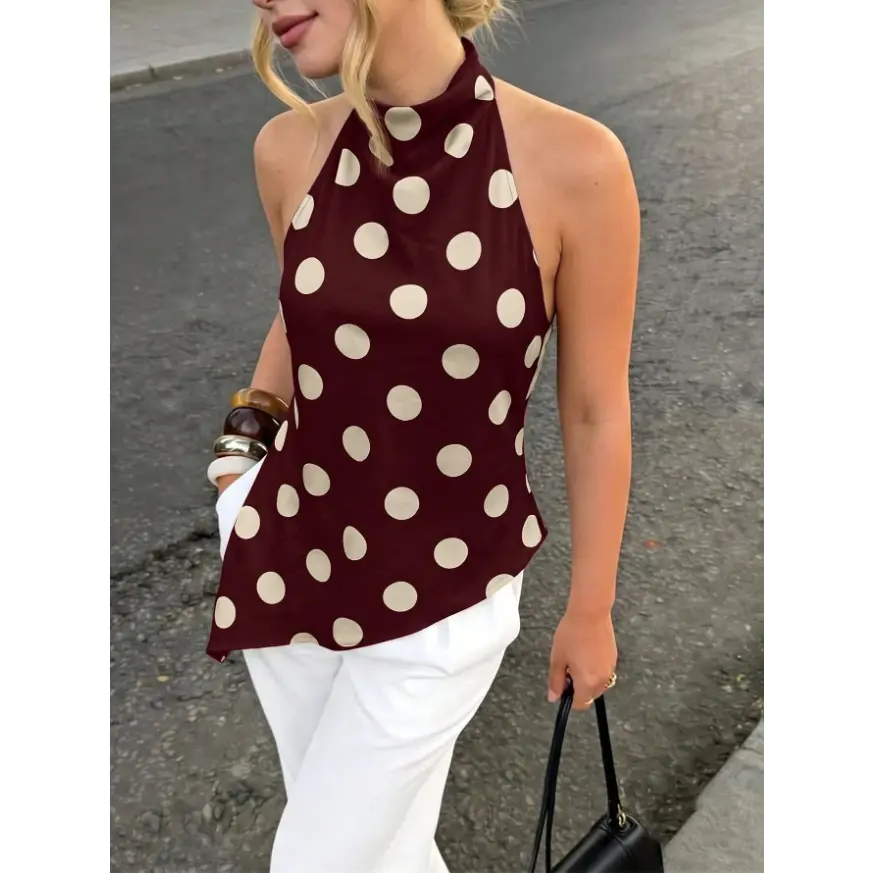 HANNA x Firerie Women's Elegant French Casual Vacation Commute Tea Party Fashion New Draped Backless Halter Brown And White Polka Dot Print Blouse Top, Summer