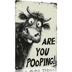 1 pc Vintage Highland Cow Bathroom Decor Sign – Black & White Funny “Are You Pooping?” Aluminum Wall Plaque, 8 x 12 Inch