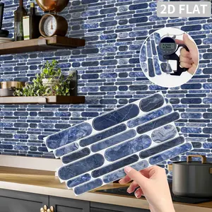 12PCS/24PCS/48PCS Special Shaped Tile Stickers, PVC Deep Blue Marble Texture Long Oval Mosaic Tile Stickers, Waterproof Oil-Proof Self-Adhesive Wall Stickers for Kitchen Bathroom Home Decor XY-HTP