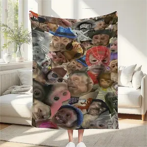 Monkey Print Plush Fleece Blanket - Soft Cozy All-Season Bedspread with Capuchin, Spider Monkey, Squirrel Monkey & Capybara Faces - Multi-Color Jungle Theme for Home Decor,, or Gift for Animal Lover,Thin blanket,Polaris Blanket
