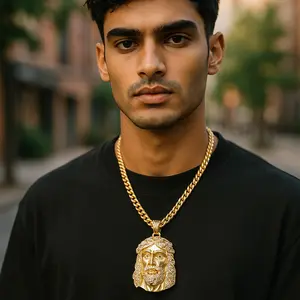Large Jesus Portrait CZ Gold Plated Pendant & 6mm 24" 30" 36" Cuban Chain Hip Hop Style Religious Necklace Jewelry