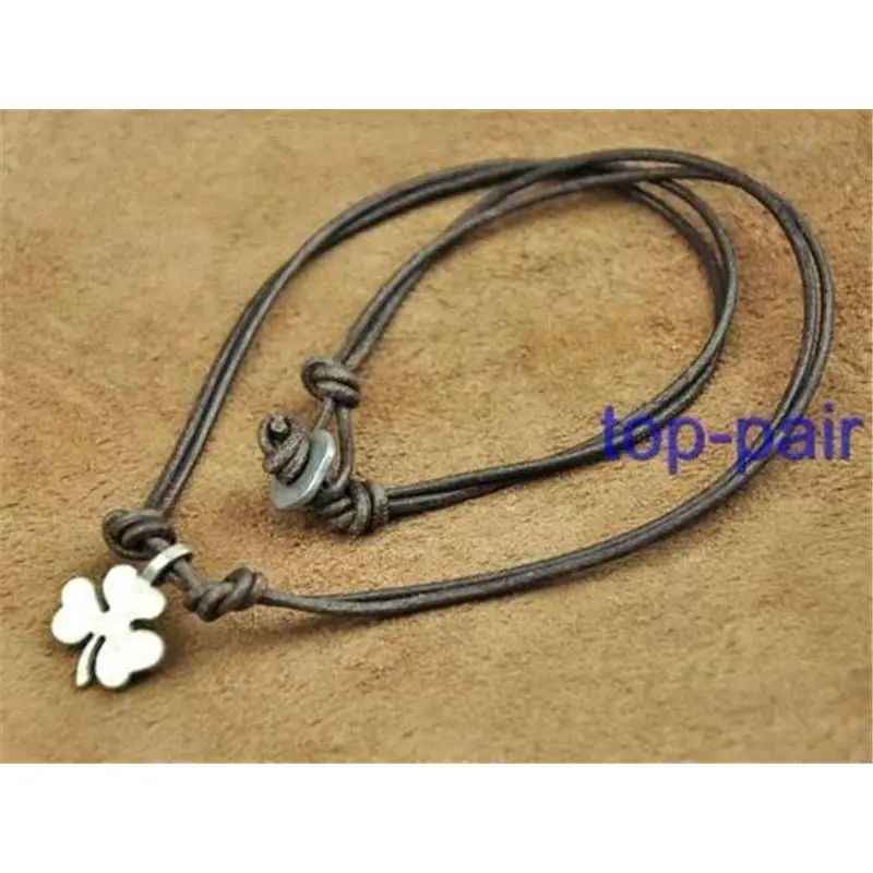 Cool Brown Surfer Leather Beach Choker Necklace Lucky Clover Pendant Mens