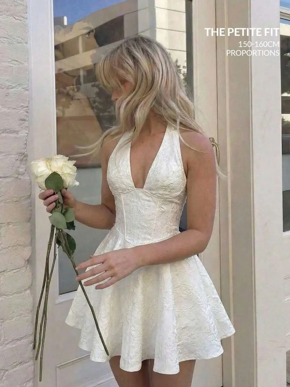 Petite Women's White Graduation Dress - Jacquard Halter, Bow Tie Back for Formal Parties