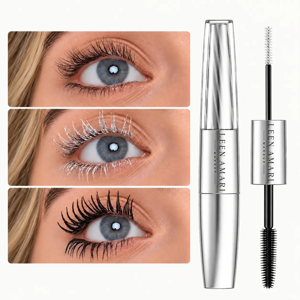 LEEN AMARI Lengthening & Volumizing Mascara, 2-in-1 White Lash Primer + Black Mascara for Fuller, Lifted, Defined Lashes, Clump-Free, Smudge-Resistant, Dual-Ended Eye Makeup, 10 mL natural look false lash lasheffect