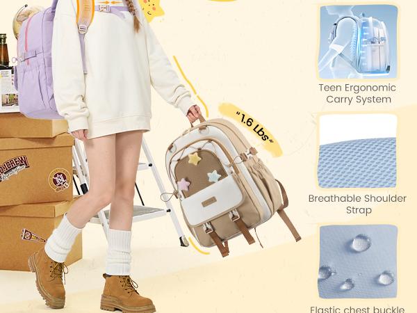 LOVEVOOK School Backpack for Teen Girls, Cute Lightweight Bookbag with Star Charm, Large Capacity Backpack Fits 15.6 Inch Laptop, Water Bottle Holder, Gift for Kids & Students