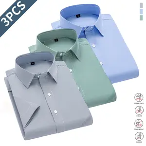 Men's 3-Pack Striped Short-Sleeve Button Down Shirts, Classic Collar, Fitted Casual Design, Easy Care, Versatile for Spring & Autumn Everyday Wear