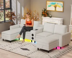 【2packages】120-inch 3-in-1 U-shaped cozy teddy fleece 6-seater sectional sofa, equipped with speakers, wireless charging and LED lights, movable modular storage design, high-density foam and pocket coil spring support, lazy chaise lounge layout