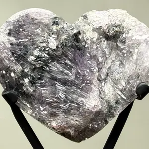 Superb Polished Amethyst Heart Sculpture in Custom Metal Stand Unique Design Elegant Decor 5.5” inch tall