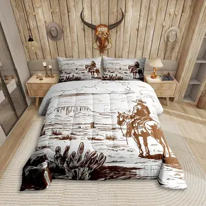 Western Cowboy Sketch 3 Piece Quilted Decorative Bedding Set, Vintage Denim Print with Filled Comforter, Skin-Friendly Easy Care Bedroom Decor