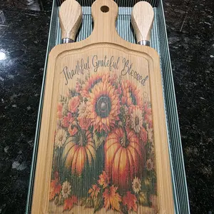 Fall Harvest 3 Piece Cheese Board Customizable with Sunflower Pumpkin Design Thankful Grateful Blessed Message