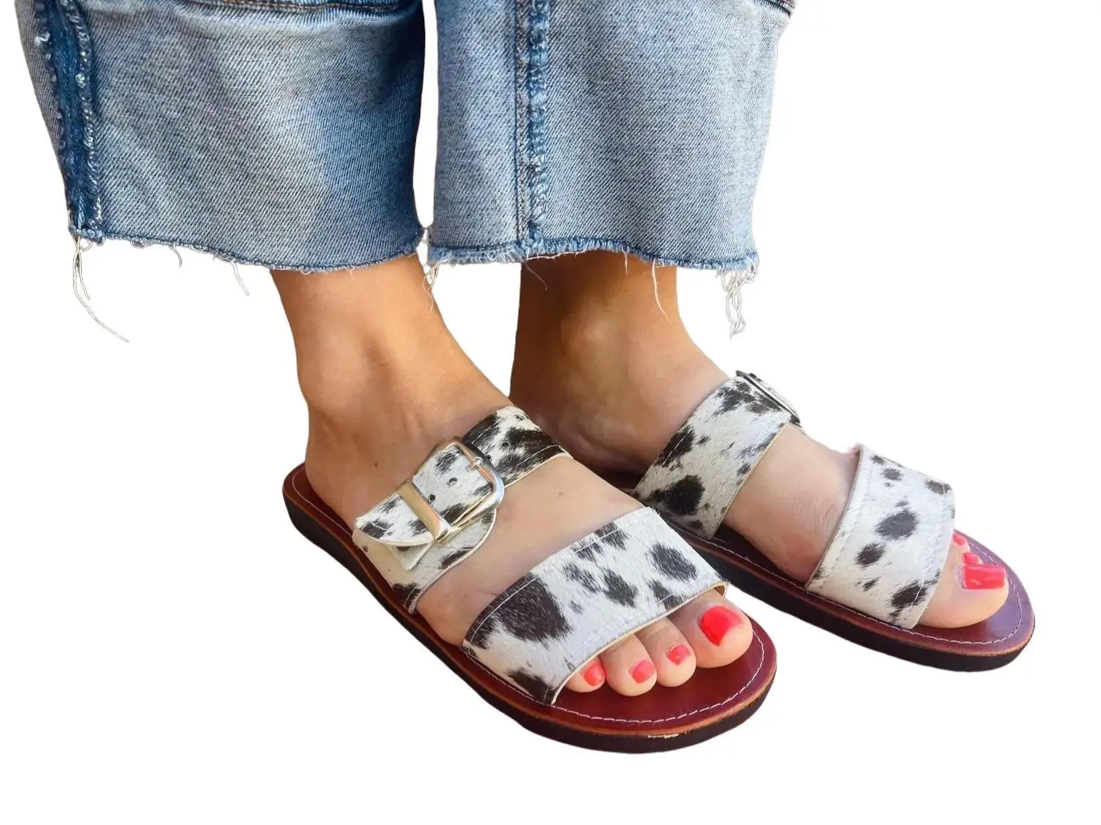 Leather Sandals Woman Shoes Vintage Style 1970s Handmade Flip Flops with Unique Hippie BOHO Western Cowboy Design for Summer - Footwear