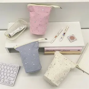 Spring Summer Star Sequins Pen Holder, Flip-Open Design, Student Stationery Storage Bag, Large Capacity Fabric Pencil Case