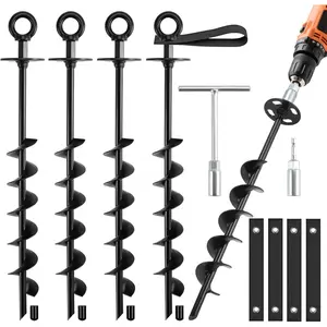 4 Pack Screw in Ground Anchors - Heavy Duty Trampoline Anchors Stakes for High Wind, Earth Anchor Kit with Straps and Wrenches for Swing Set, Shed, Mobile Home, Carport, Gazebo