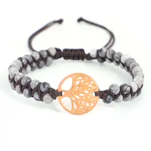 Woven Twine Double Tree of Life Yoga Bracelet - Unisex Bracelet with Natural Stone Beads, Alloy Material, Mosaic Design, Model: CJSL100498707