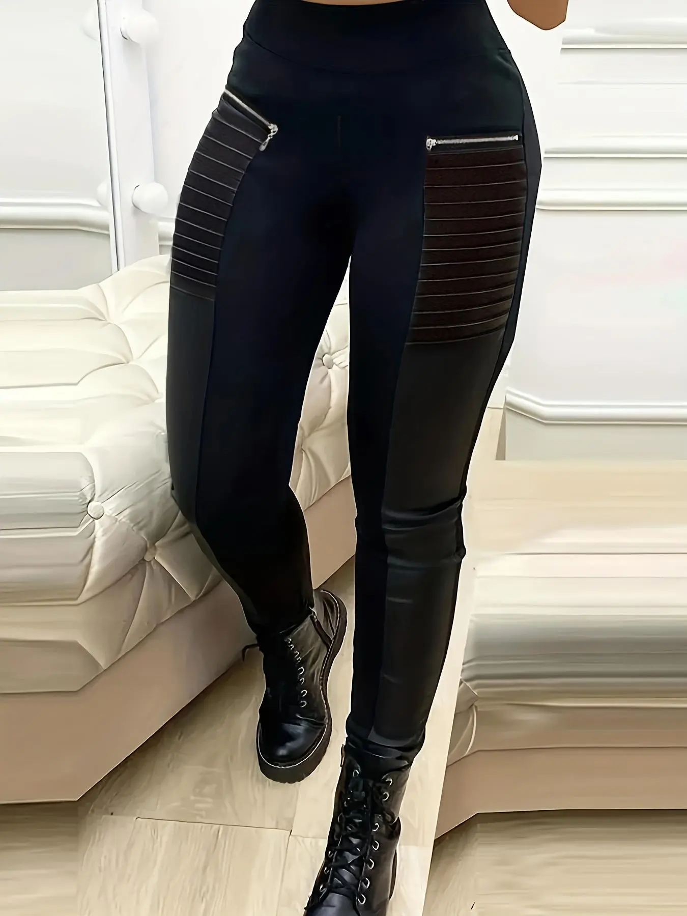 Women's Patchwork High Waist Zipper Design Skinny Fitted Casual Fashion Pants, Casual Comfy Tight-fitting Trousers for Daily Wear, Ladies Bottoms for All Seasons, Casual Basic Trousers