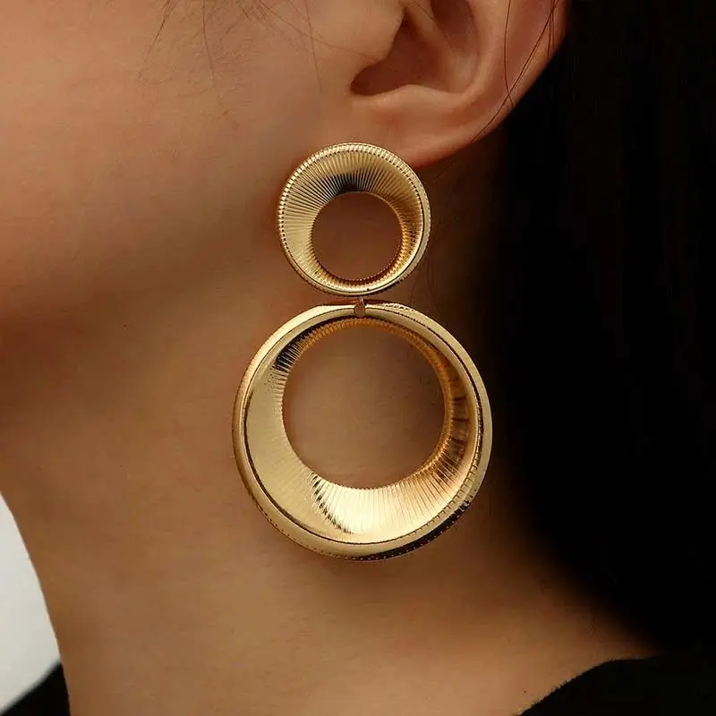 Women's 2026 New Vintage Metal Big Round Dangle Earrings, Exaggerated Gold Long Geometric Statement Costume Jewelry