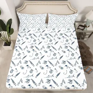 Fishing Fitted Sheet,Sketch Fishhooks Print Bedding Set for Kids Boys Men Adult Cabin Home Decor,Hunting Fish Bed Sheets Vintage Navy Blue White Deep Pocket Sheet