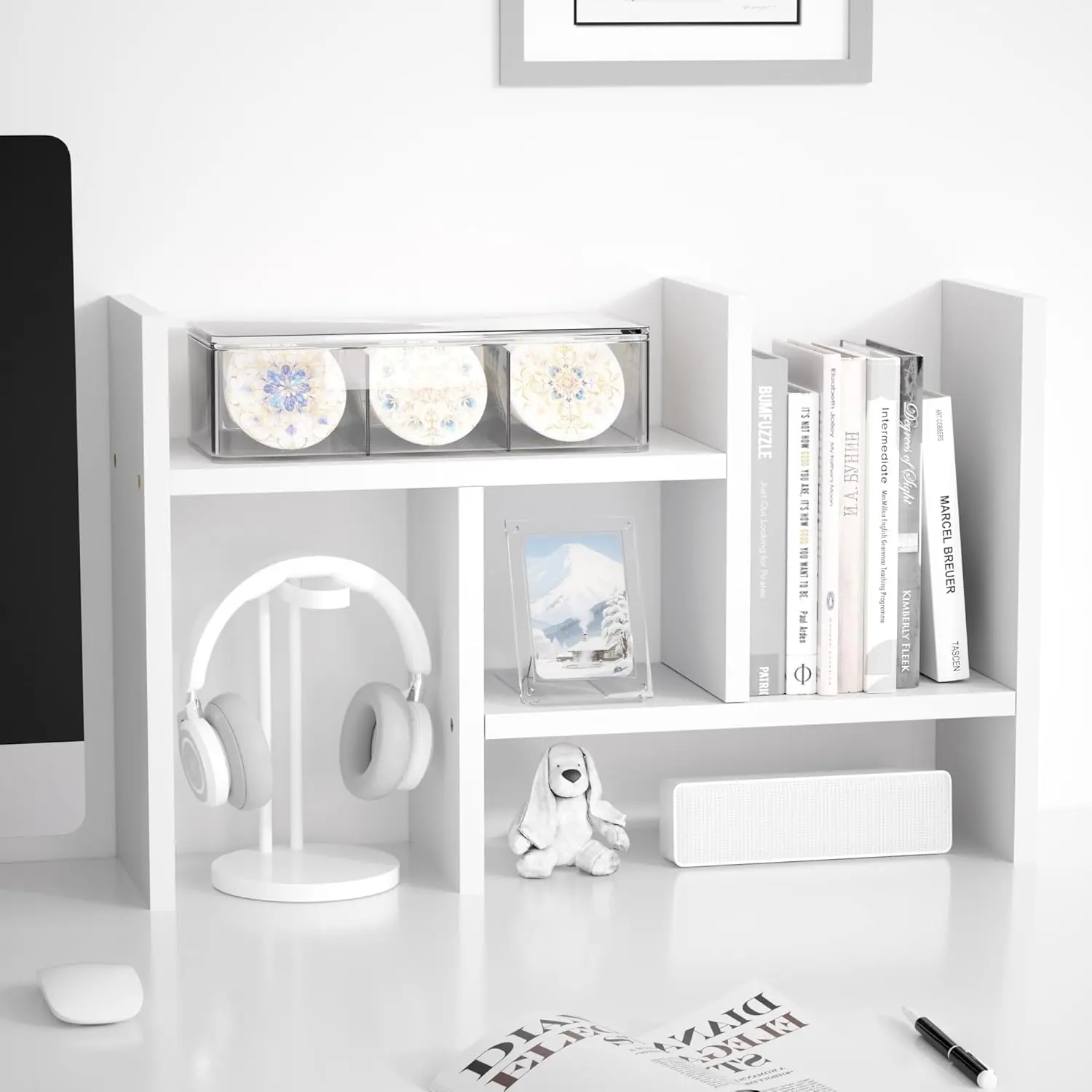 Desktop Organizer Office Storage Rack Adjustable  Display Shelf Free Style Double H, Multi-Functional Mini Bookshelf for Desk  Stand (White)