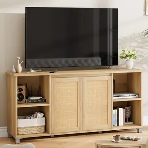Rattan TV Console, 63 Inch TV Stand with Bookshelf, Farmhouse Entertainment Center with Storage, Wooden TV Cabinet, Rustic TV Cabinet for Living Room and Bedroom, Natural