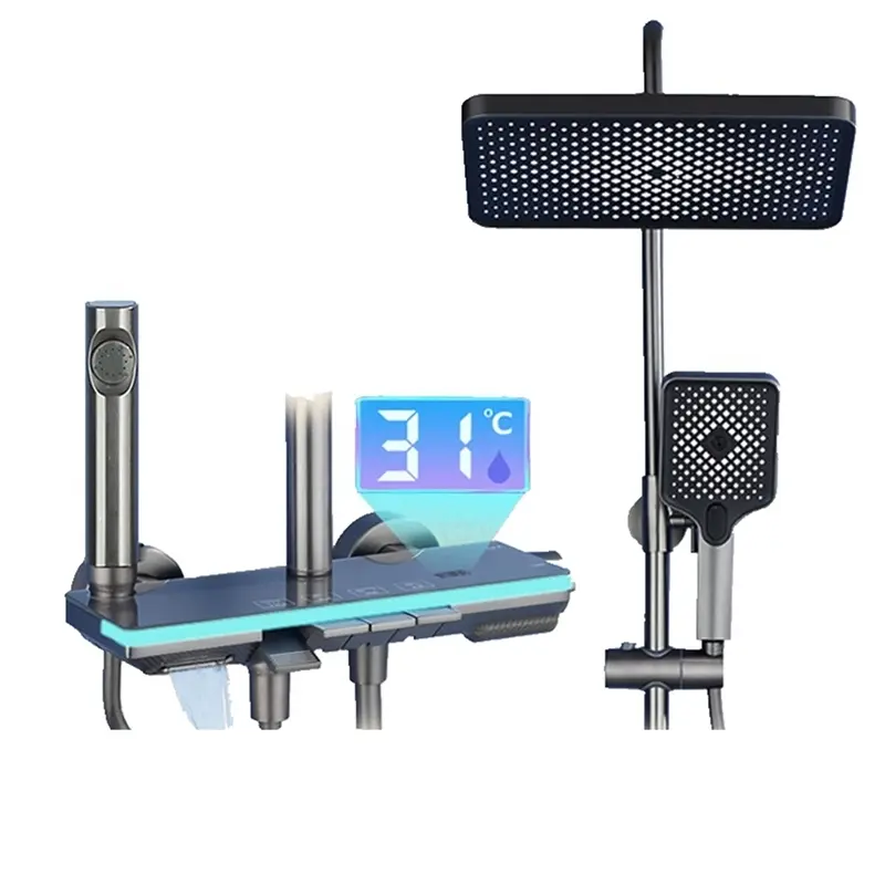 Exposed Shower Systems With Rain Shower And Handheld,Tub Shower Faucet Sets With Digital Temperature Display, Rain Shower Head With Handheld Spray,Complete Shower System Kit Wall Mount