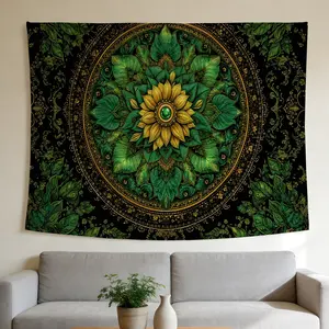 Golden Sunflower Mandala Tapestry Intricate Floral Emerald Bohemian Style Wall Hanging Suitable for Home Decor Valentine's Day Easter St.Patrick's Day Halloween Christmas and Other Festival Decorations.