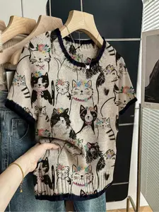 Cartoon Cat Print Round Neck Sweater, Casual Short Sleeve Knitwear for Spring Summer Fall, Comfortable Warm Women's Clothing