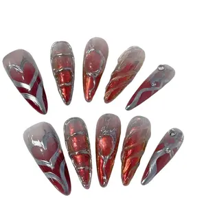 W57 Hand-painted wearing nail metal gilt Spice Girl Cool gradient water ripple hand-worn nail press-on nail Handmade Reusable Nails