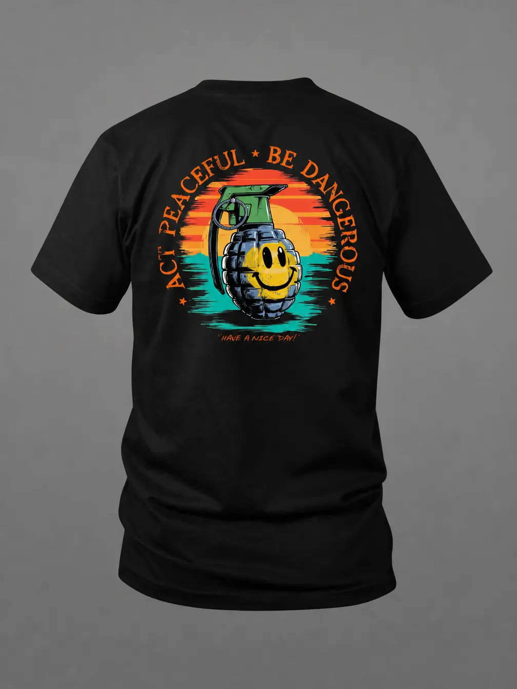 Act Peaceful Be Dangerous Tactical Humor T-Shirt for Men Funny Grenade Smiley Graphic Tee Military Dark Humor Shirt Tactical Streetwear Apparel Gift for Gun Owners Veterans and Tactical Lifestyle Fans