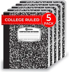 5 Pack College Ruled Composition Notebooks, 200 Pages (100 Sheets), 9-3/4" x 7-1/2", White & Black Marble Composition Book, Hard Cover, Sturdy Sewn Binding, School, College & Office Supplies