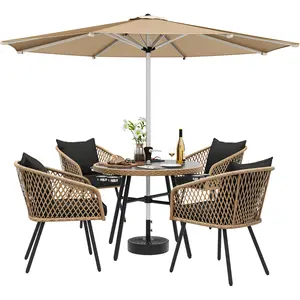 Yitahome 5-Piece Outdoor Dining Set with Umbralle Hole, Rattan Patio Dinging Set for 4 with Cup Holders Soft Cushions and Glass Top Dining Table for Backyard Deck Bacony