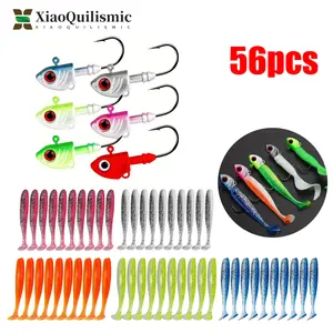 56pcs Fishing Hook Set with 10 Fish Heads and 50 Soft Lures, Suitable for Freshwater and Saltwater Fishing, Perfect for Catching Bass and Pike,Fishing Gifts