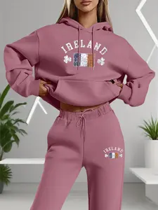 Women's Ireland Letter Print Hoodie & Long Pants Set, Casual Fitted High Waist Sweatshirt, Spring & Fall Fashion Workout