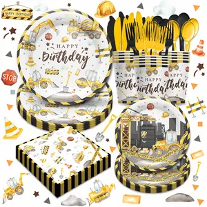 168pcs Construction Truck Birthday Party Supplies，Gathering Tractor Dump Truck Tableware Set With Paper Plates ,Cups And Napkins，Knives, Forks, Spoons For 24 Guest