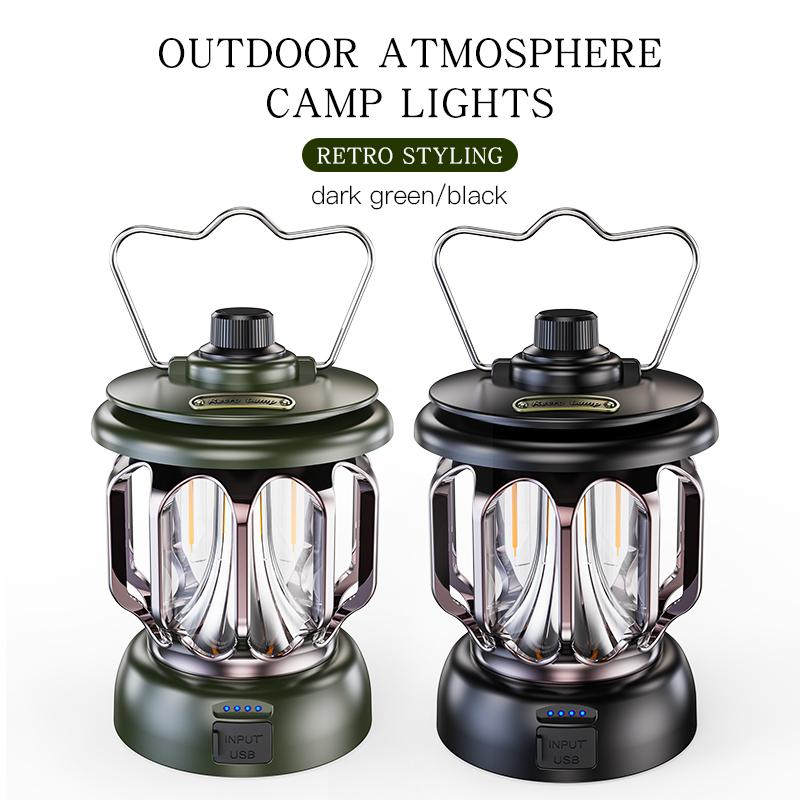 Vintage-style camping lamp, atmospheric portable lantern, flashlight with a metal hook for hanging, USB rechargeable with power output function, very suitable for fishing, household power outages, desktop lighting and emergency lighting