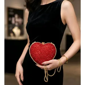 Women's Elegant Red Crystal Heart Clutch Bag - Rhinestone Evening Purse with Gold Chain, Phone Accessory, Mobile Charm, Luxury Gift for Wedding, Party Special Occasions
