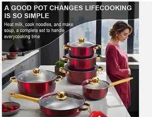 12 Piece Cookware Set Nonstick Pots and Pans Home Kitchen Cooking Non Stick, Red