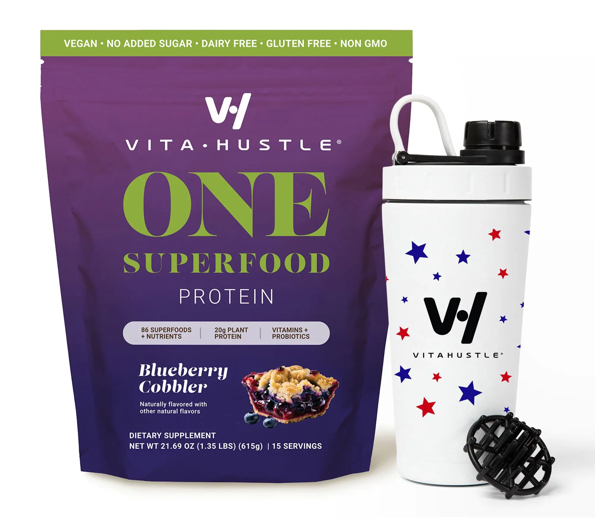 VitaHustle ONE Superfood 20g Protein Shake w/ Americana Shaker Bottle